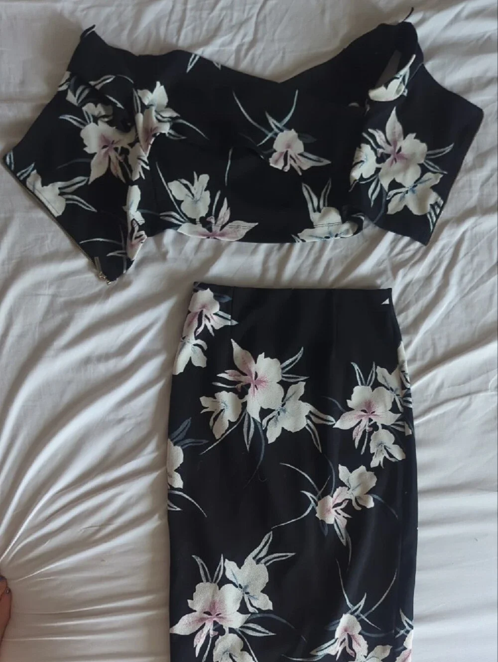 Dynamite Black Floral Two-Piece Midi Skirt Set with Pink Accents - Picture 5 of 7